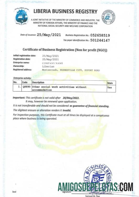 Liberia Certificate Of Business Registration modelo